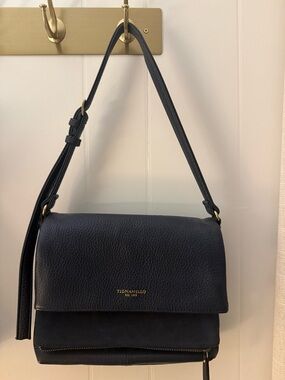 Tignanello Navy Pebbled Leather Shoulder Bag with Gold Logo